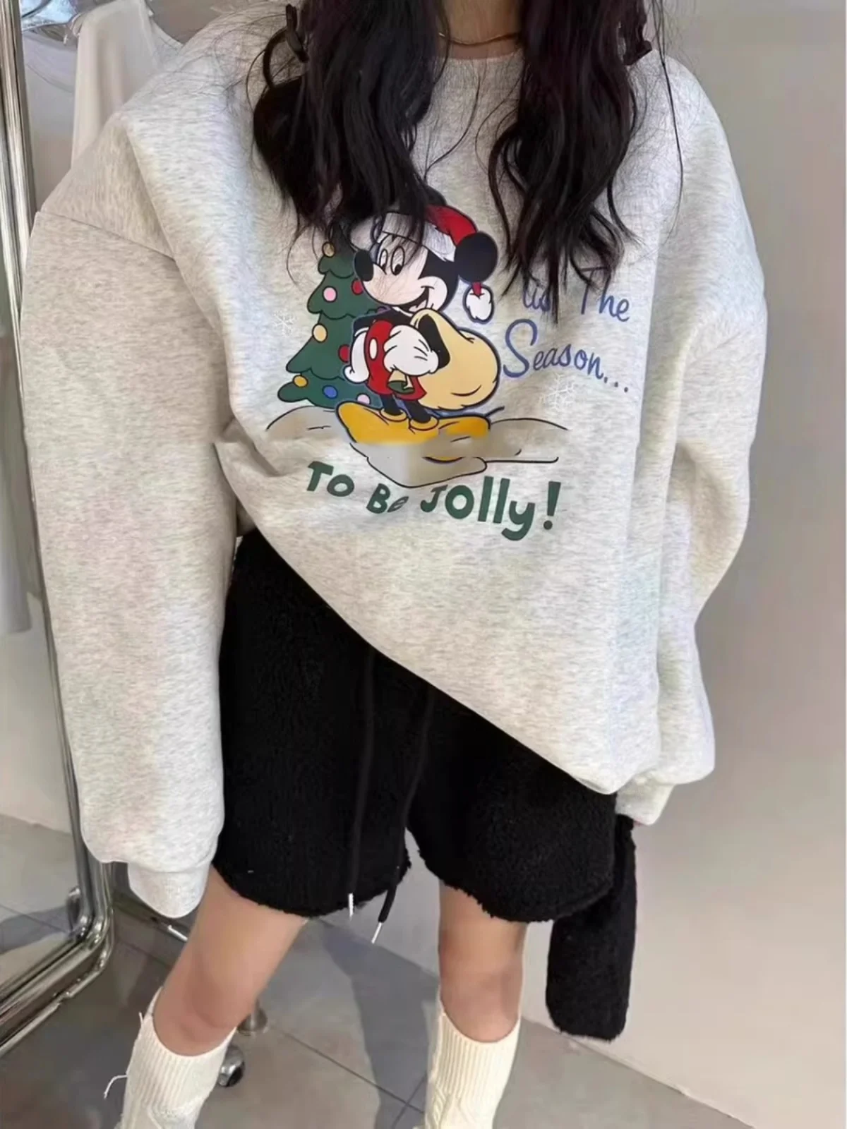 South korea Dongdaemun 2024 Winter New round Neck Loose All-Match Cartoon Print Fleece-lined Age-Reducing Fun Hoodie Women