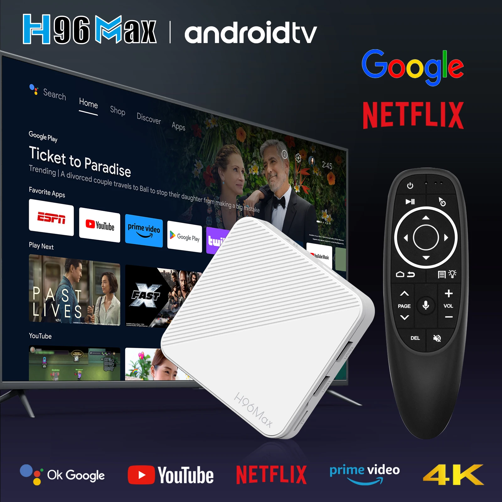 H96 MAX H313 Smart TV Box Android 14 TV Box 4K@60fps 100M/LAN Dual Wifi6 BT5.0 Google Voice Assistant Media Player Set Top Box