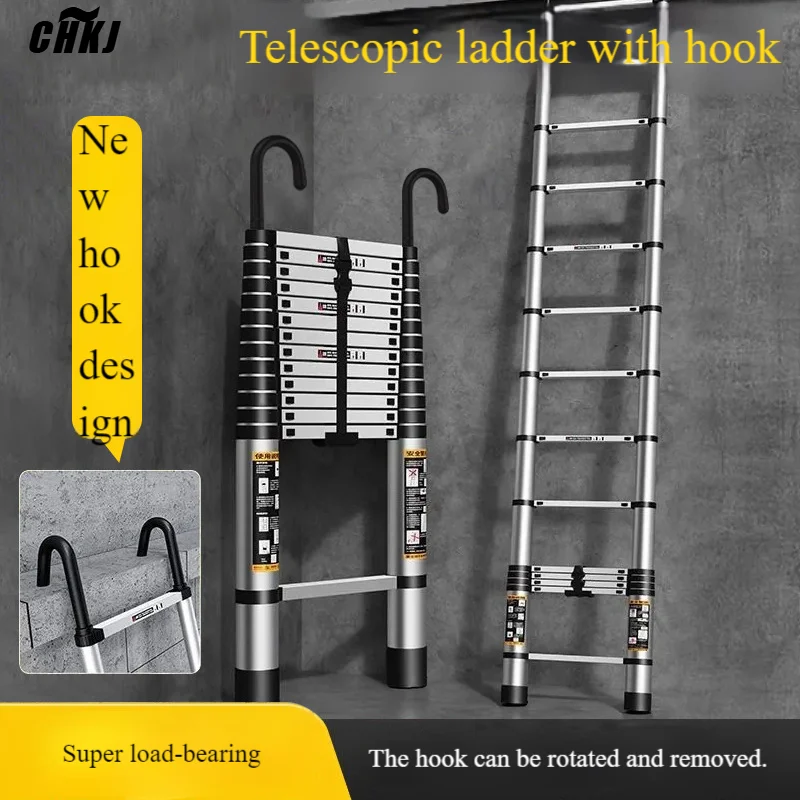 2026 Hot sellingLadder with hook Stainless steel telescopic straight ladder engineering special folding elevator rotatable disas