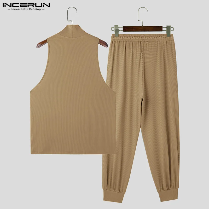 2024 Men Sets Solid Color Turtleneck Sleeveless Tank Tops & Drawstring Pants 2PCS Streetwear Fashion Men\'s Casual Suits INCERUN