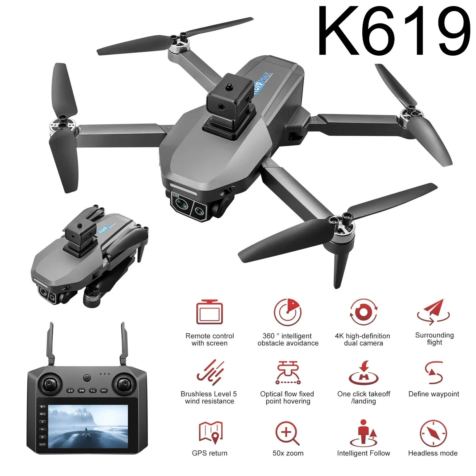 

TOYS K619 MAX Drone 4.5-inch screen 4K HD Aerial Photography Dual-Camera Omnidirectional Obstacle Brushless Quadcopter Toy Gifts