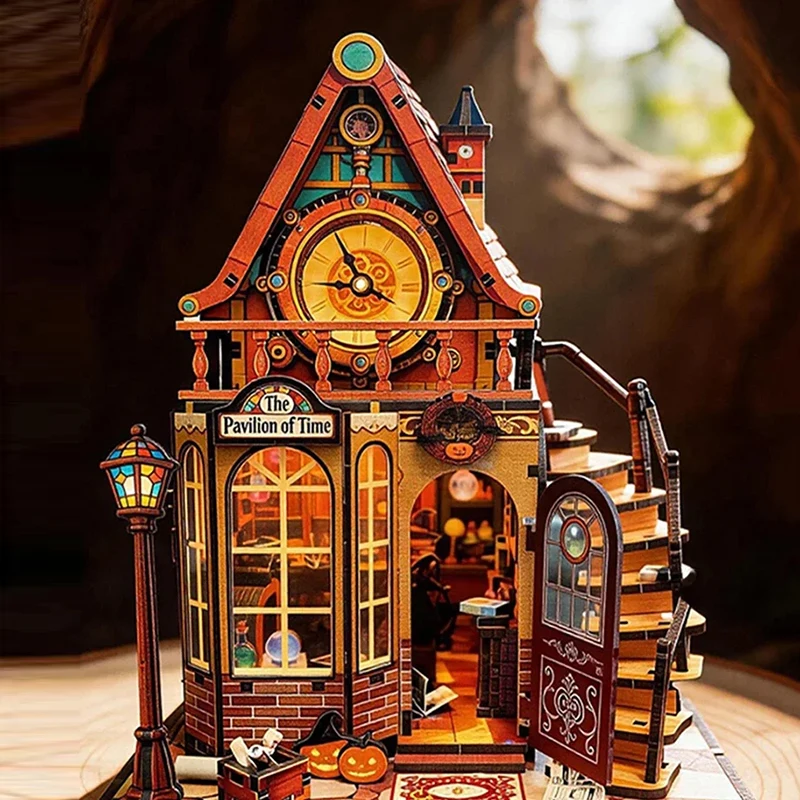 DIY Wooden The Wheel of Time Magic House Figurines Miniatures Bookend with Lights for Friends Birthday Gifts Home Decoration