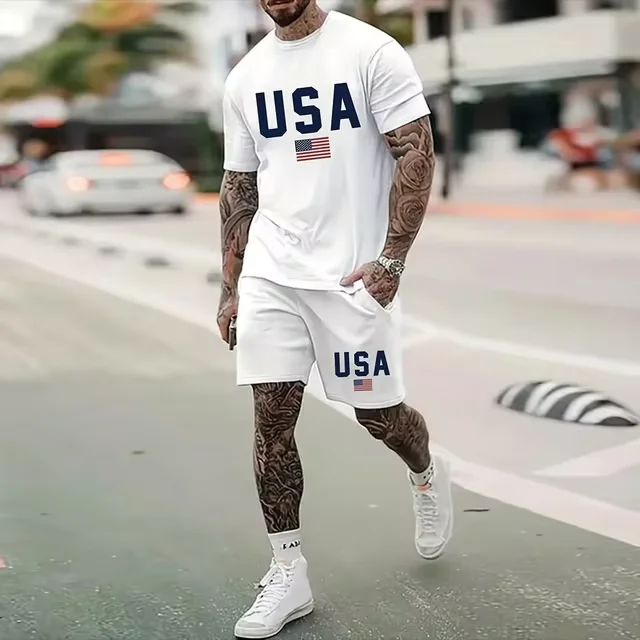 NEW YORK Printed Men\'s T-shirt Shorts Suit National Flag Summer Tracksuit Set Short Sleeve 2 Pieces Set T Shirt for Men Clothing