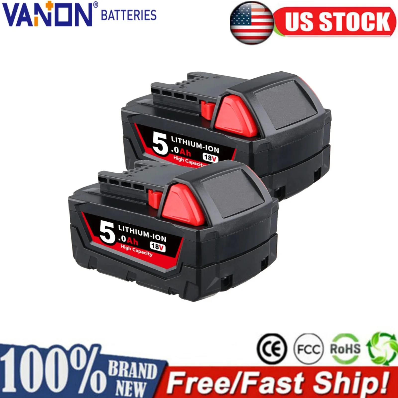 

VANON 2Pcs M18 5.0Ah Power Tool Battery XC 18V Replace for Milwaukee M18B5 48-11-1815 48-11-1860 M18B2 M18B4 Battery pin
