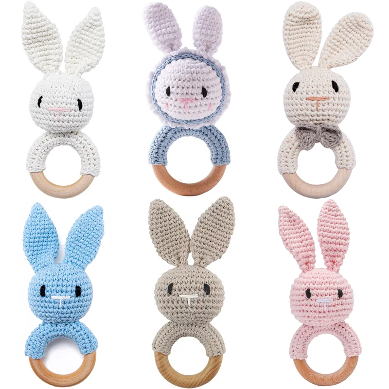 1PC Crochet Toy Animal Bunny Rattle Wooden Teether Ring Soother Bracelet Baby Product Mobile Pram Crib Wooden Toys Newborn Gifts