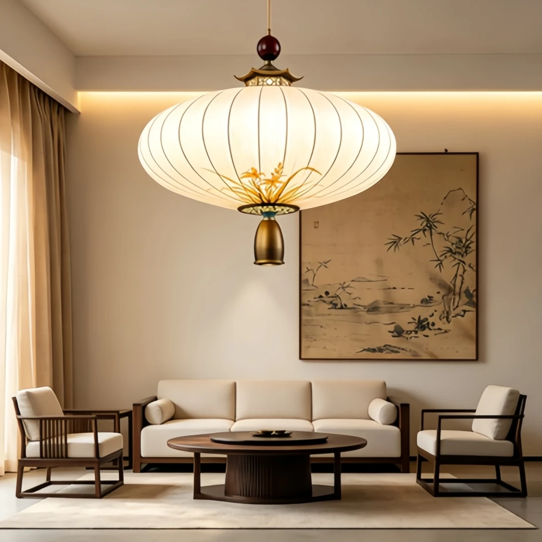 Oriental Retro Lantern Shape Chandelier, Elegant Fabric Shade Hanging Light For Restaurant Bedroom Foyer Interior Decoration
