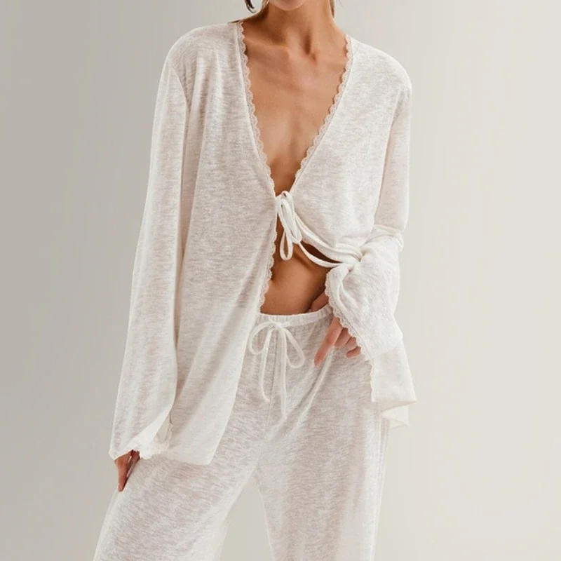 Pajama Women's Advanced Summer Thin Strappy Long-sleeved Sweater Upper Body Slightly See-through Cool Casual Home Wear Set