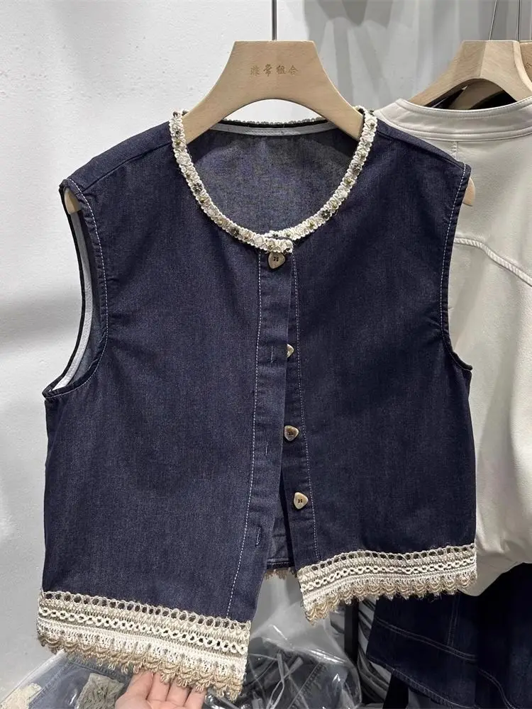 

Women Navy Denim Vest Summer Thin Lace-Trimmed Edges Button Closure Sleevelesss Tank Top Cottagecore Chic Layering Essential