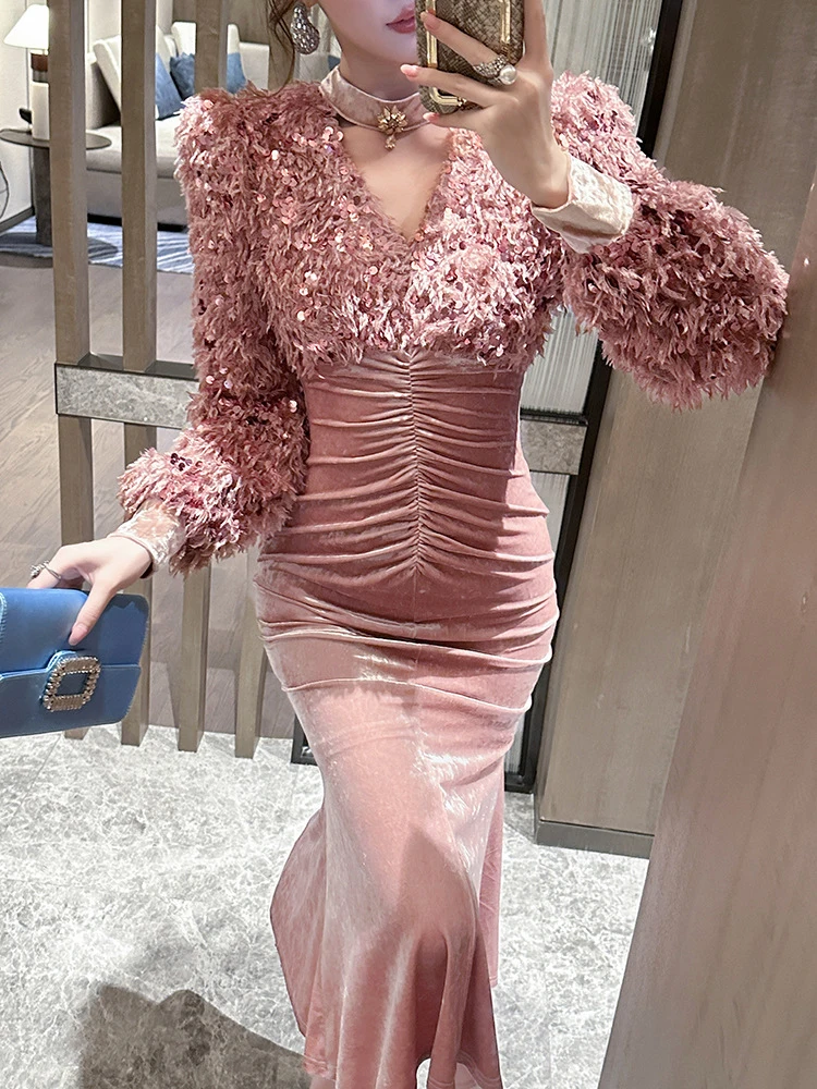 Vestido de festa de aniversário estilo francês feminino retrô celebridade pele retalhos oco corte diamante dobras rabo de peixe robe banquete