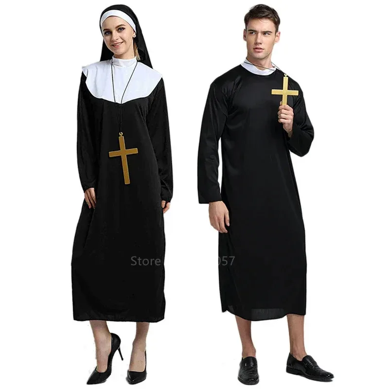 Costumes de Cosplay missionnaire pour adultes, Costumes de carnaval d'halloween, prêtre, nonne, longues Robes religieuses, église catholique, Vintage Medi, 2025