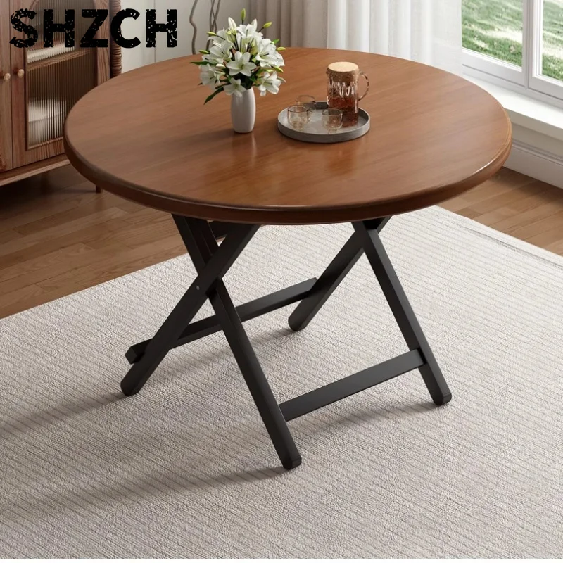 Carbon Steel Balcony Round Table, Foldable Dining Table for Home, X-Shaped Stable Legs, High Capacity Portable Stall Table
