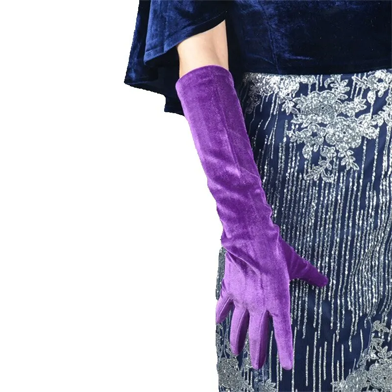 Velour Medium Length Gloves 40cm Noble Dark Purple Female Models High Elastic Swan Velvet Gold Velour Touchscreen