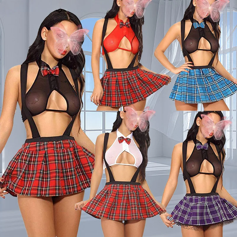 

Sexy Shoulder Straps, Mesh, Transparent Plaid, Student Uniform, Role-playing School Girl Uniform Lingerie Sexy Porn Sexy Skirt