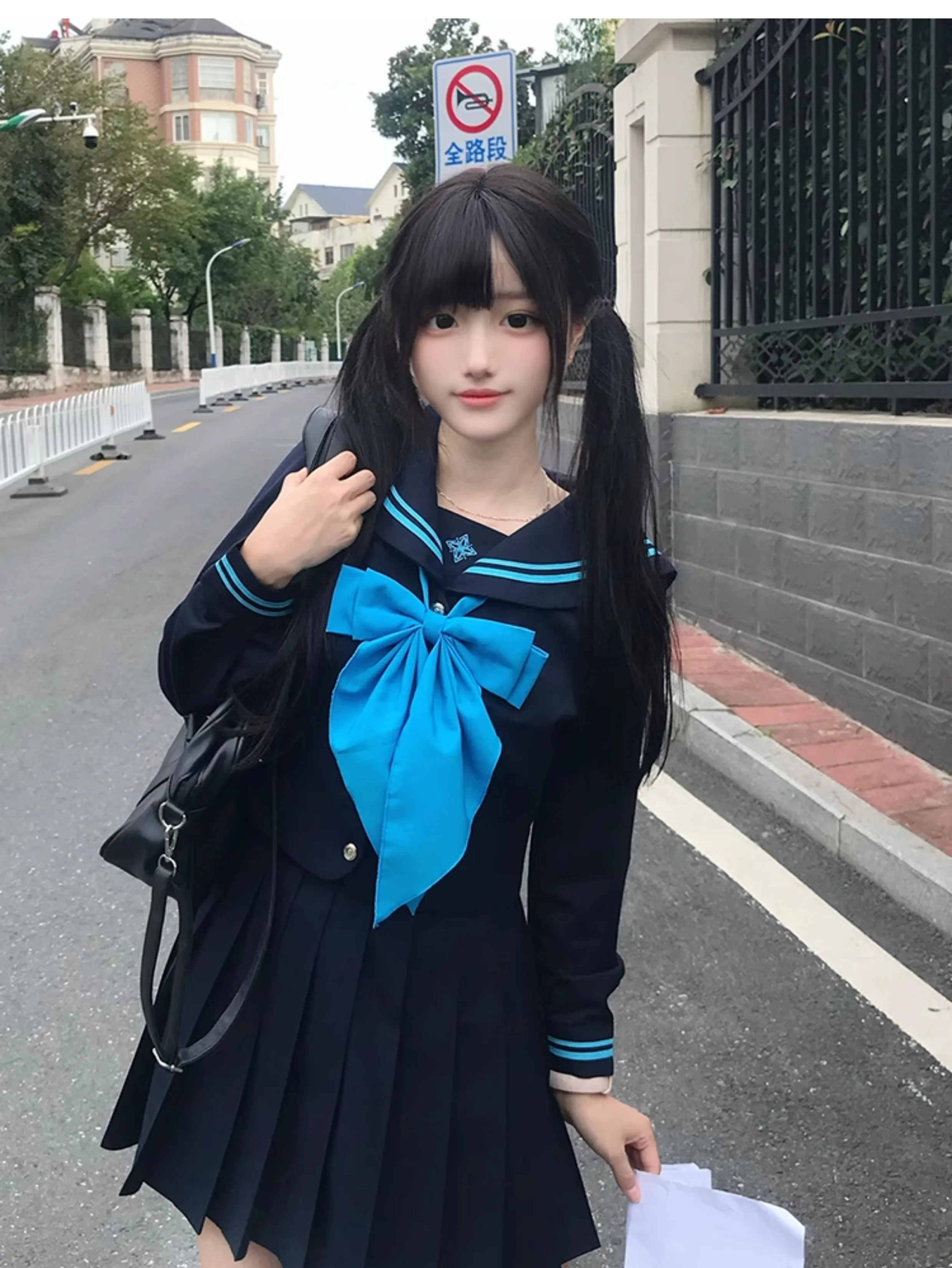 Summer New Japanese College JK Sailor Uniform Navy Blue Sweet Bow Short Sleeve Top Cute A-line High Waist Age-reducing Skirt