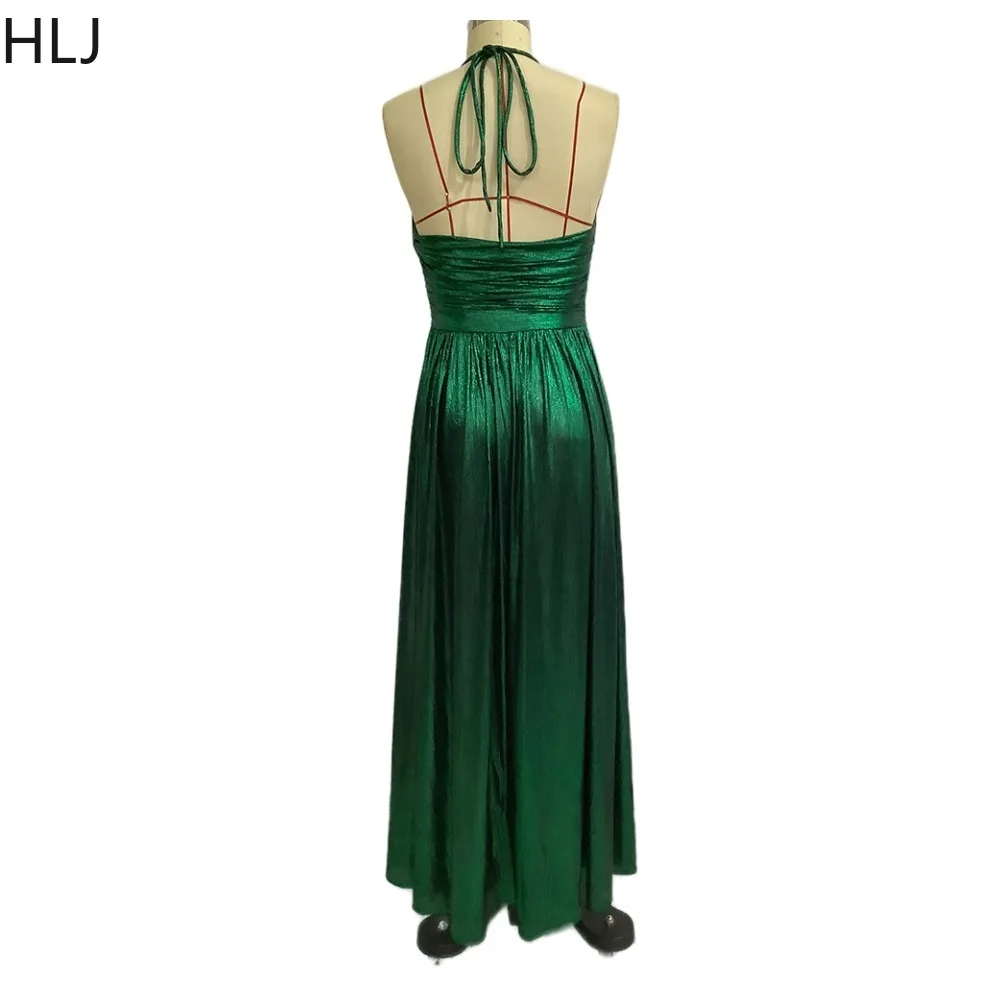 HLJ Fashion Retro Ruched Slit Large Skirt Hem Suspenders Dress Women V Neck Sleeveless Party Club Vestidos Sexy Lady Clothing