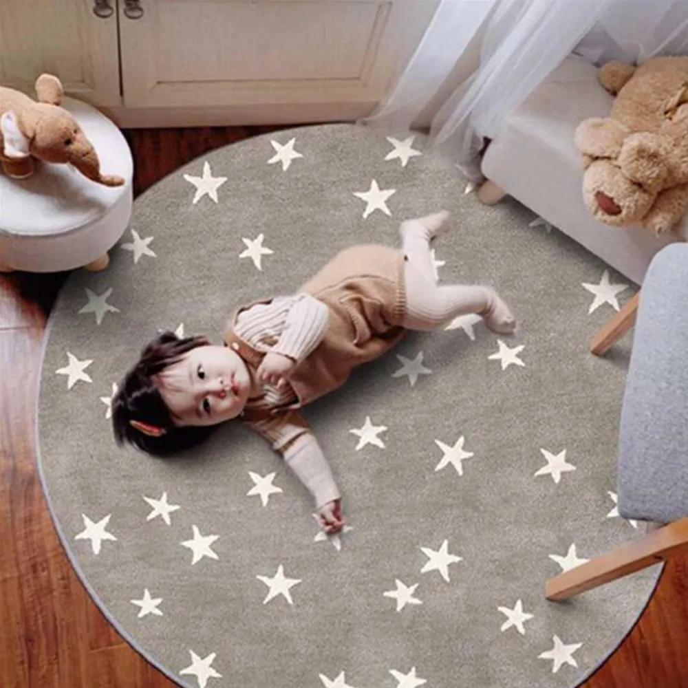 INS Cartoon Round Kids Bedroom Carpets Lamb Cashmere Living Room Non-Slip Star Carpet Sofa Tatami Bedside Rugs Baby Crawling Mat