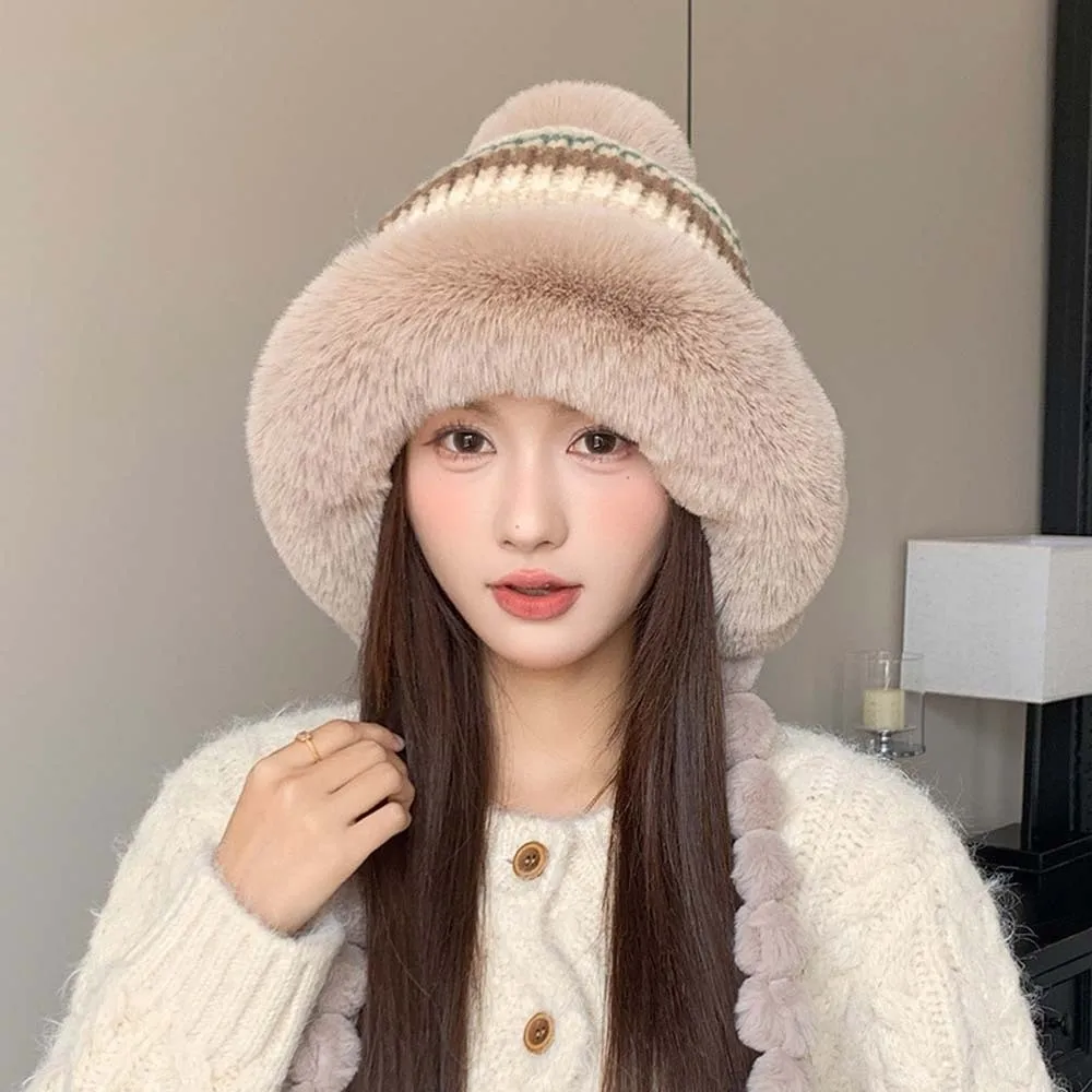 Fleece Lined Pompom Braids Hat Fur Brim Soft Yarn Fur Trim Trapper ElasticThick Striped Knit Fleece Knit Beanie Ladies