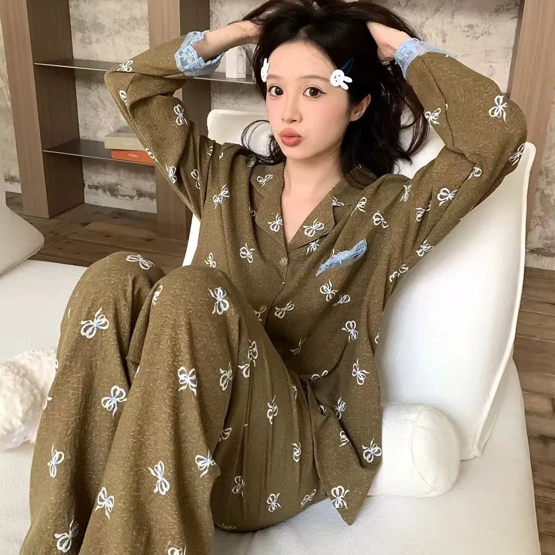

Fashion Satin Ladies Casual youth Girls Homewear Pijamas autumn Women's Pajamas Set Long Sleeve Trousers Two Piece Pyjamas sets