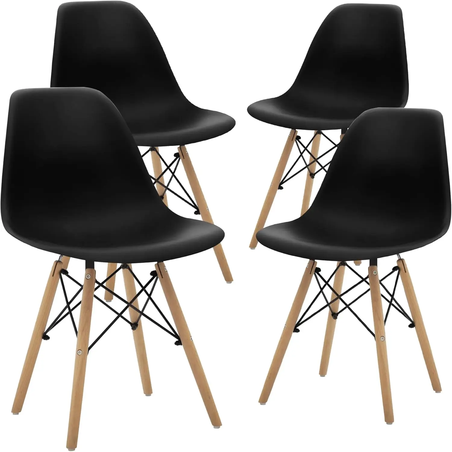 Modern Mid- Shell Lounge Plastic Natural Wooden Legs For Kitchen, Dining, Bedroom, Living Room Side Chairs, Set Of 4, Black