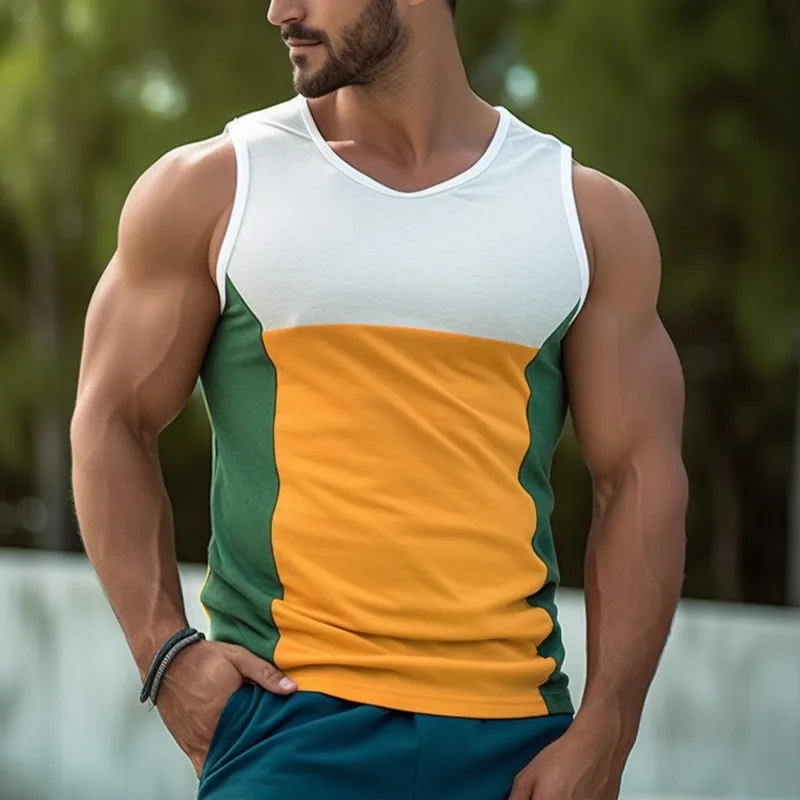 Men's Vest Top, Vest Sports Shirt, Sleeveless Round Neck, Summer Color Blocked, Fashionable, Breathable, Quick Drying T-shirt