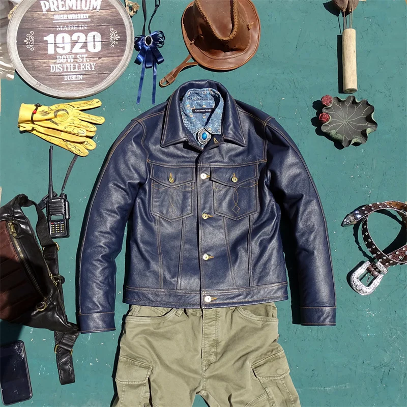 Knight Genuine Leather Jacket Short Style Top Layer Cowhide Men's Collision Line Jeans Upper Apparel Work Direct Sale