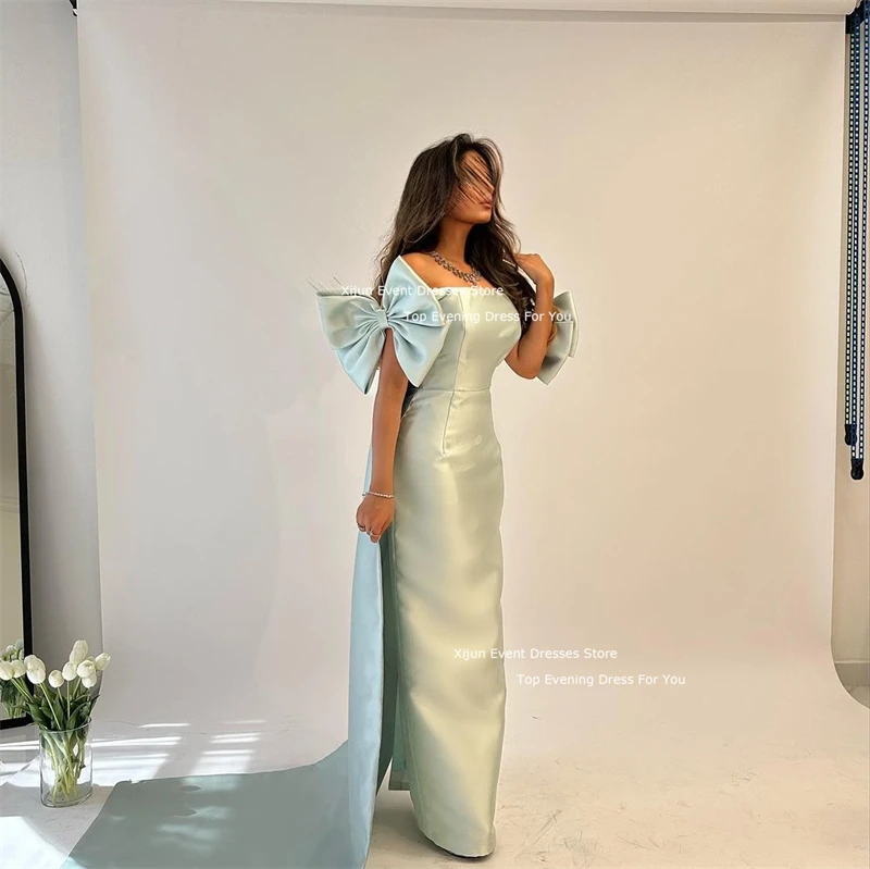 Xijun Mint Green Satin Mermaid Evening Dresses Saudi Arabric Prom Dresses With Bow Sleeves Formal Prom Gowns Dubai Occasion 2024