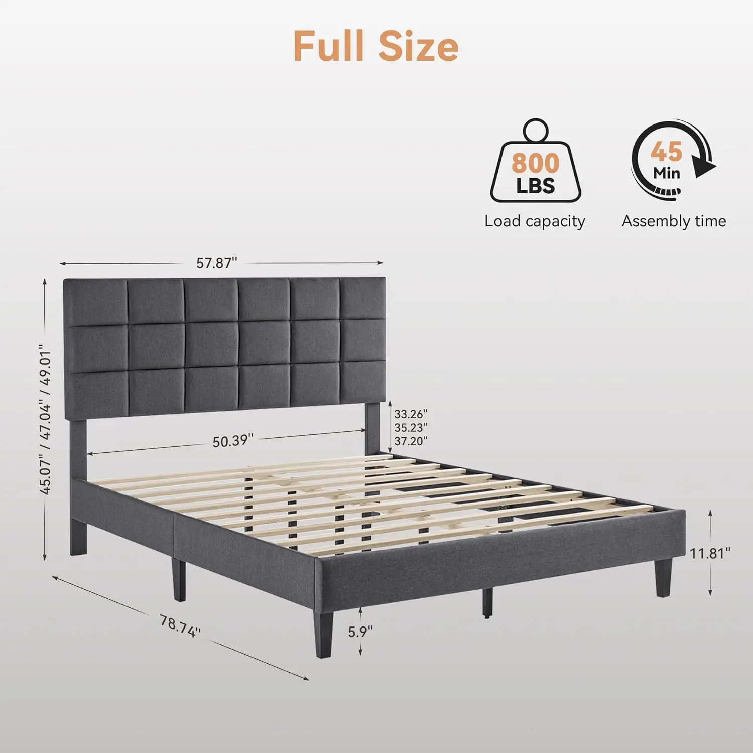 

Full Size Bed Frame with Fabric Upholstered Headboard,Bed Frame Full Size with Solid Wooden Slats Support,No-Noise,Easy Assembly