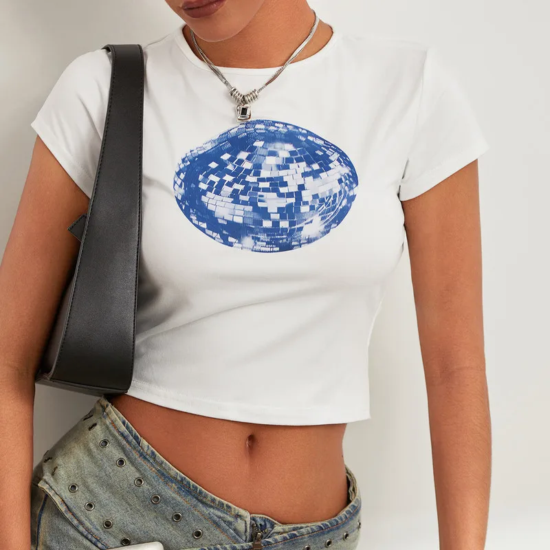 WPNAKS-camisetas de manga corta para mujer, ropa de verano con estampado de bola de discoteca, camisas de cuello redondo, Tops informales ajustados, ropa de calle