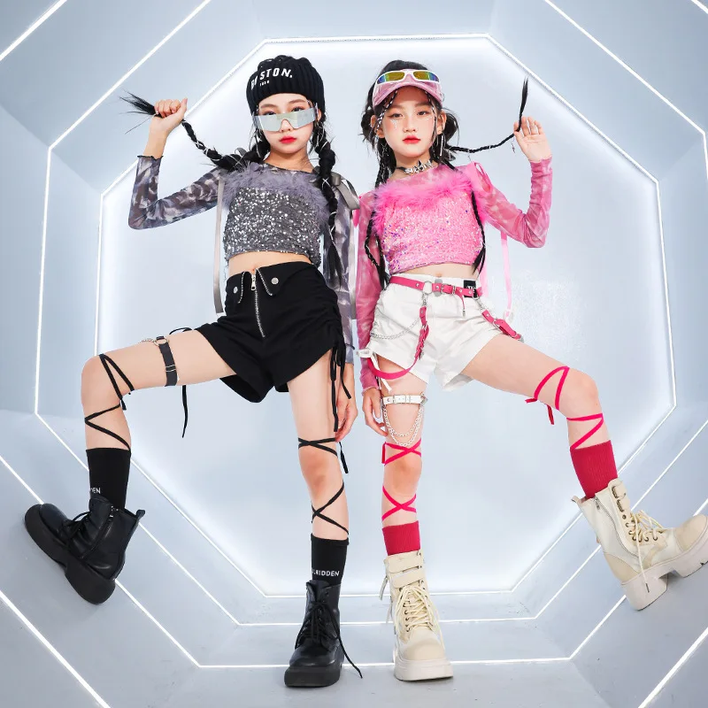 Mädchen K-pop Pailletten Crop Top Street Dance Shorts Kinder Hip Hop Jazz Hot Pants Kleidung Sets Kinder Streetwear Mädchen gruppe Kostüm