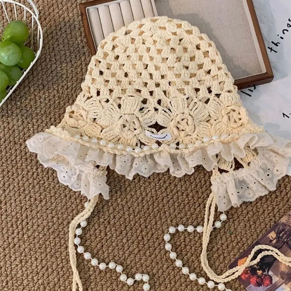 

Fashion Pearl Tassels Crochet Flower Knitted Hat Bohemian Style Hollow Out Knit Cap Thin Handmade Weave Cap Apparel Accessories
