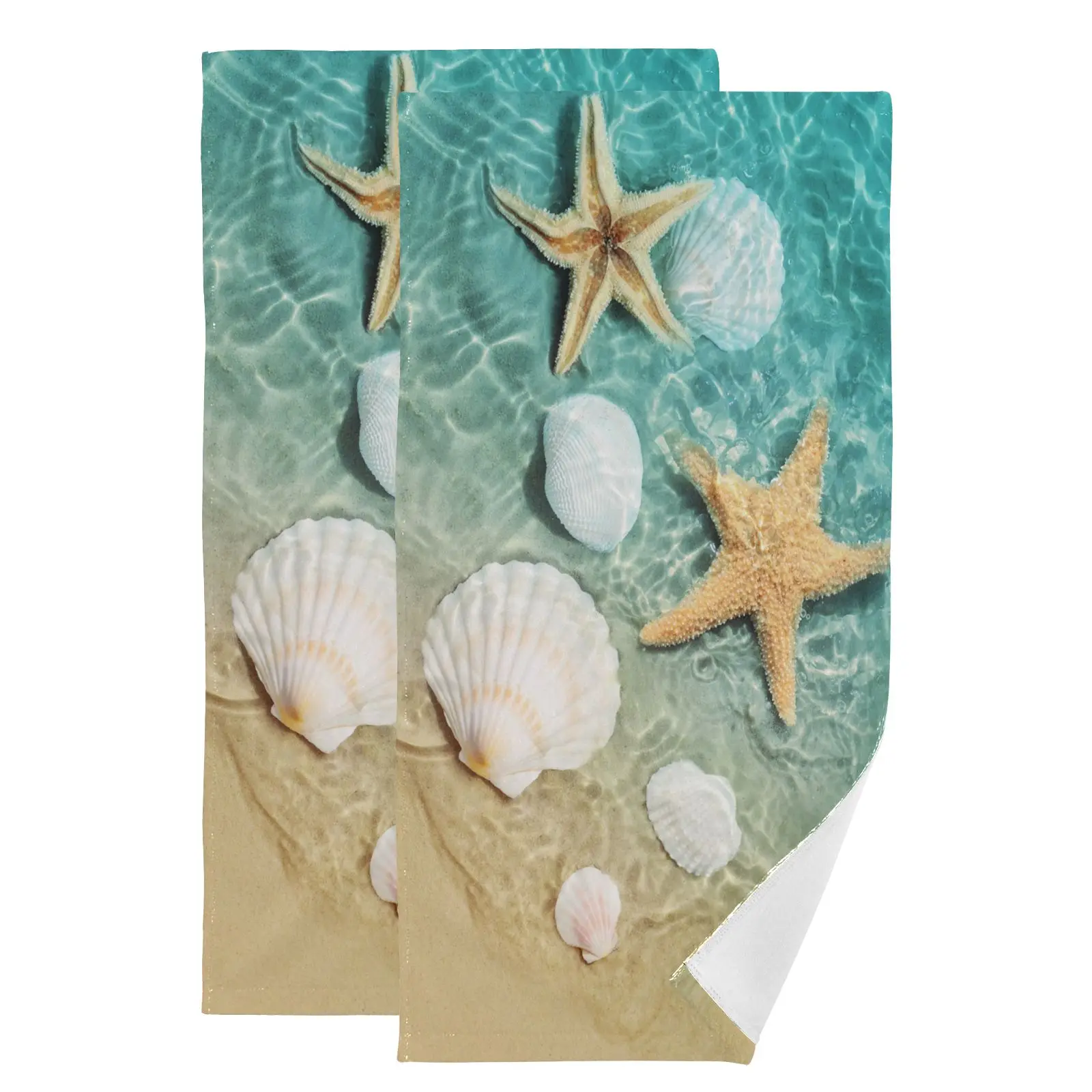 

Starfish Seashell On Beach Hand Towels Set of 2 Luxury Soft Absorbent Cotton Towels Washcloths For Bathroom Gym Spa Bath Towels