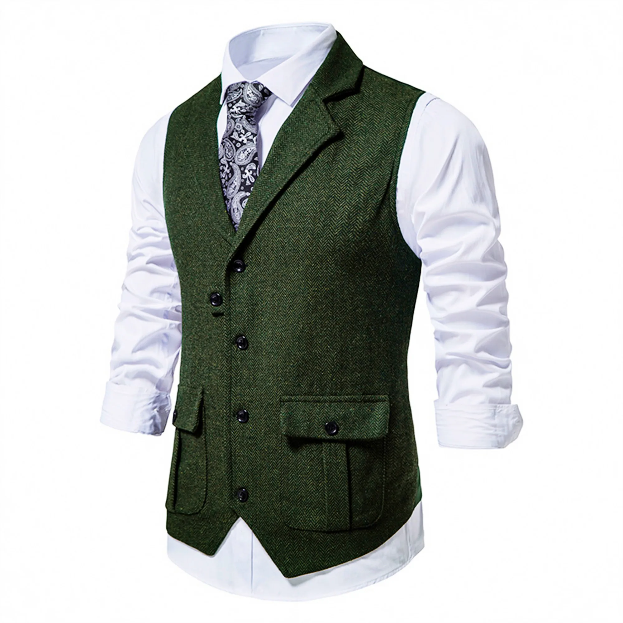 

Herringbone Tweed V-neck Double-breasted Suit Vest Fashion Casual Men Striped Waistcoat Punk Groomman Wedding Brwon