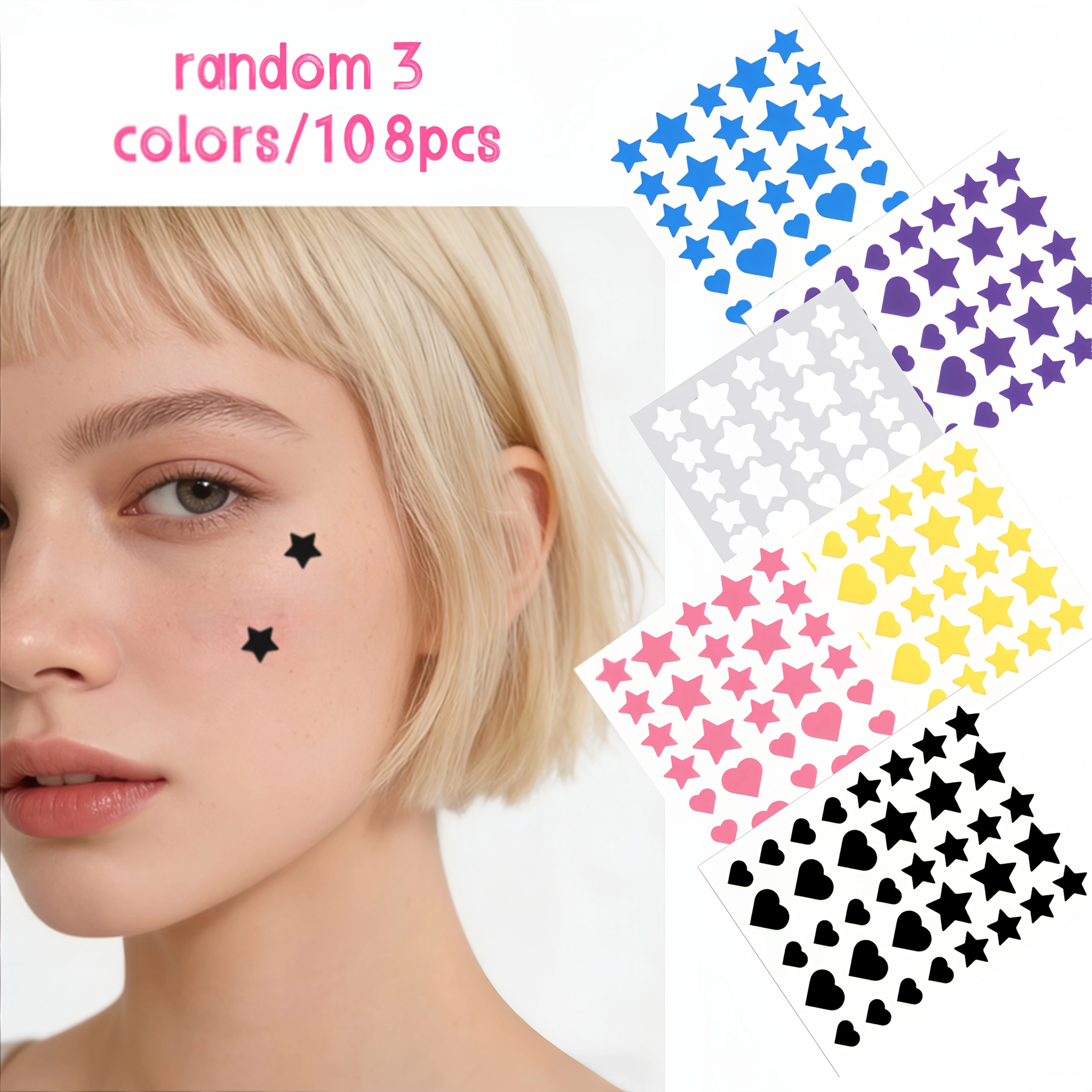 

Star & Heart Pimple Patches, 108pcs Random 3 Colors / 216pcs 6 Colors Gentle & Residue-Free, Conceal Blemishes & Acne