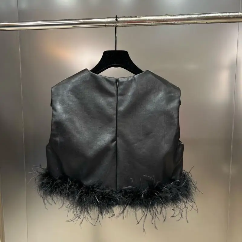Leather set 2024 autumn/winter new woolen patchwork vest half skirt sheepskin  vintage clothes  harajuku