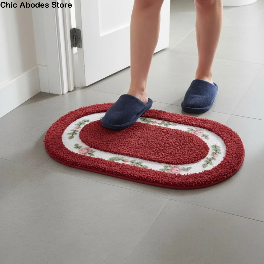 Practical Fluffy Rose Pattern Door Mat Absorbent Pastoral Style Oval Floor Rug Thickened Nonslip Carpet Home Decoration