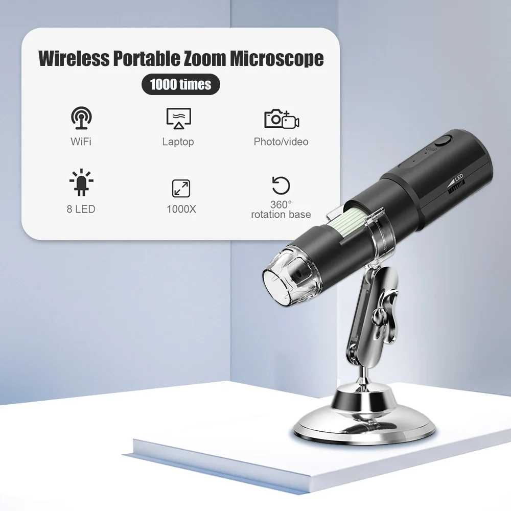 Microscopio Electrónico Digital con Wifi, lupa con Detector de piel, inspección del cuero cabelludo, cámara estéreo, endoscopio, 1000X