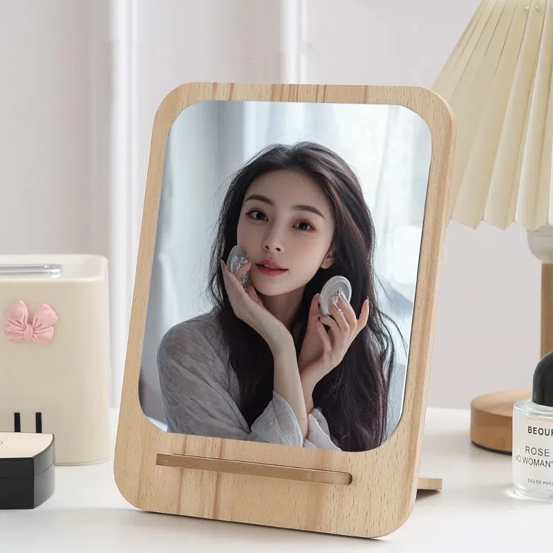 مرآة تزيين بإطار خشبي، مرآة مكياج قابلة للطي، مرآة مكتب محمولة هدية للنساء #2