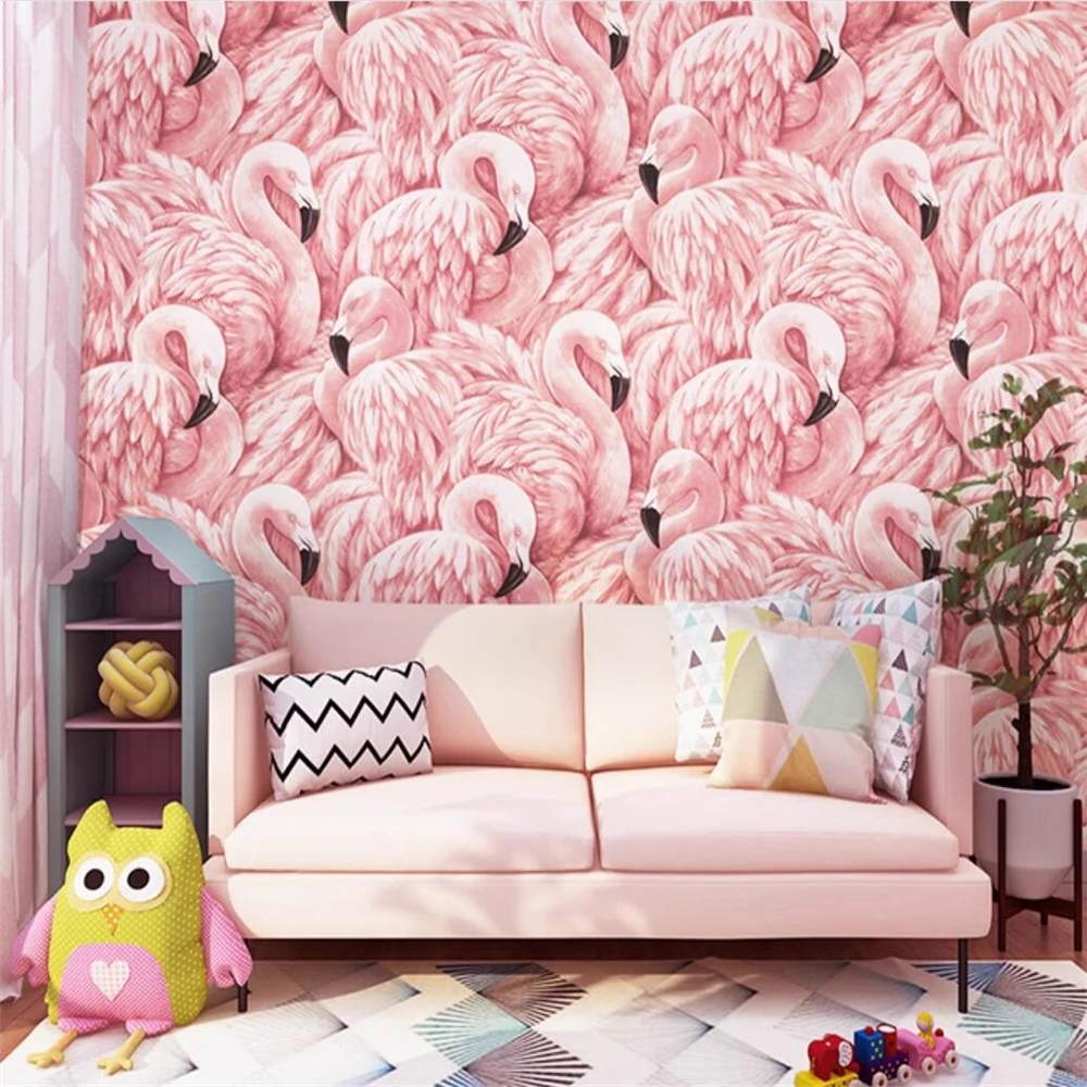 Custom Nordic pink flamingo wallpaper bedroom living room background 3D wall wallpapers home decor art waterproof wall sticker