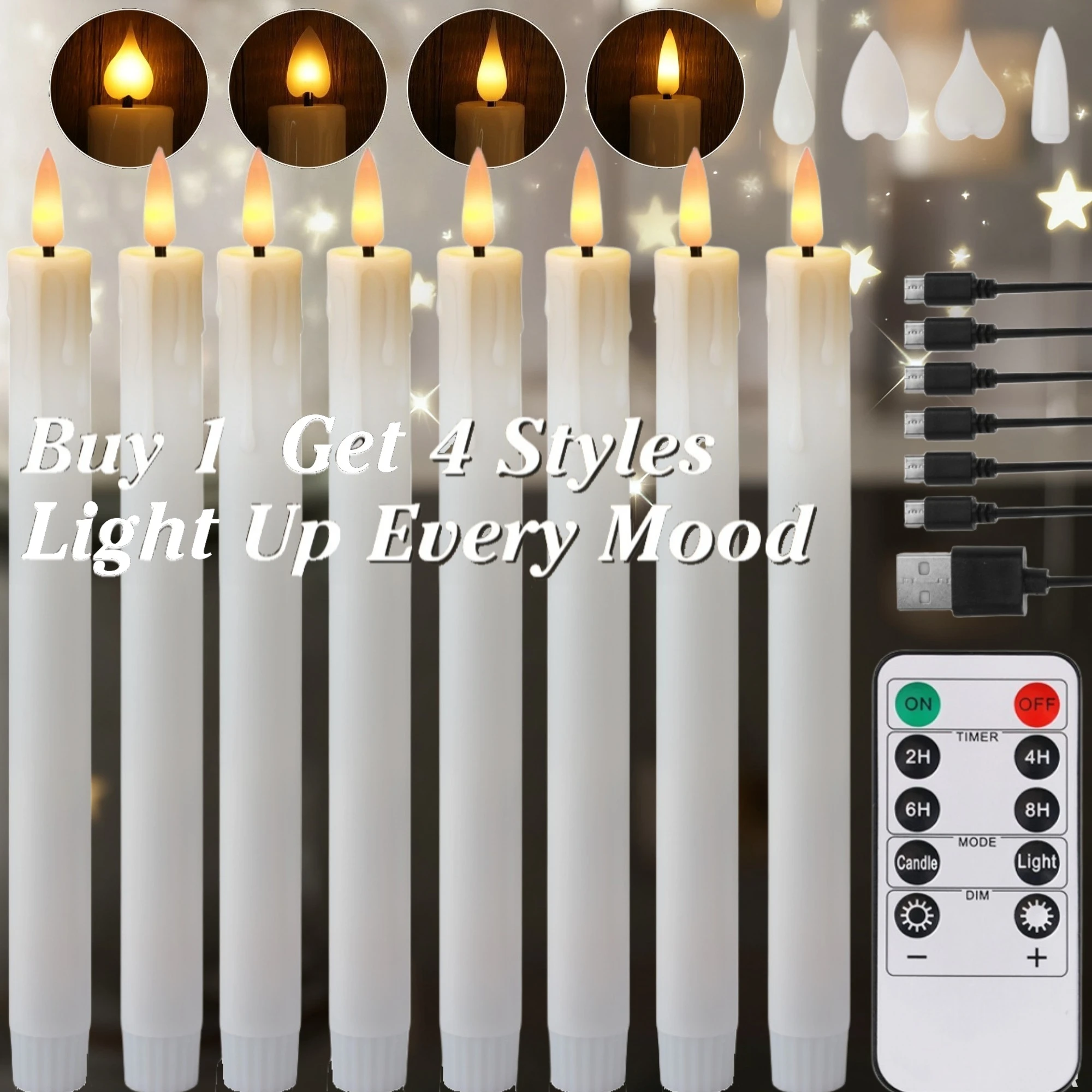 Wiederaufladbare flammenlose LED-Spitzkerzen mit Timer-Fernbedienung und USB-Ladekabel, flackernde, tropfende Wachsfenster-Kerzenständer