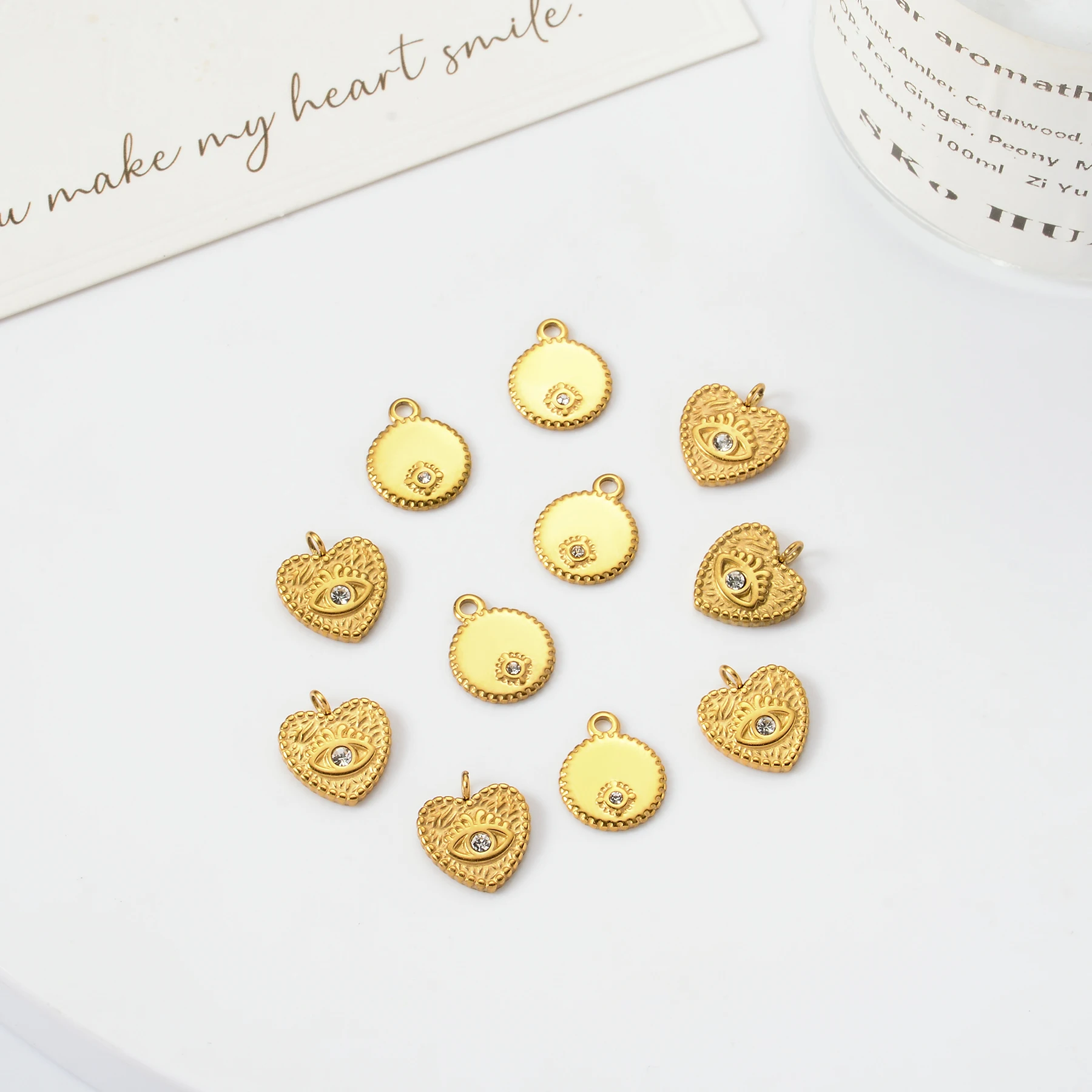 10Pcs New DIY Necklace 18K Accessories Stainless Steel Heart Round Handmade Jewelry Pendant Wholesale