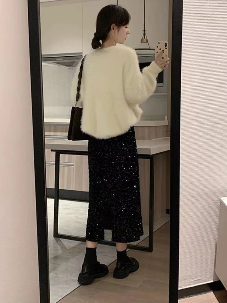 تنانير نسائية متوسطة الطول مطرزة بخصر عالٍ للخريف والشتاء على شكل حرف a أنيقة للسيدات باللون الأسود تناسب جميع الأعمار ملابس الشارع الشهير بلينغ فينتاج