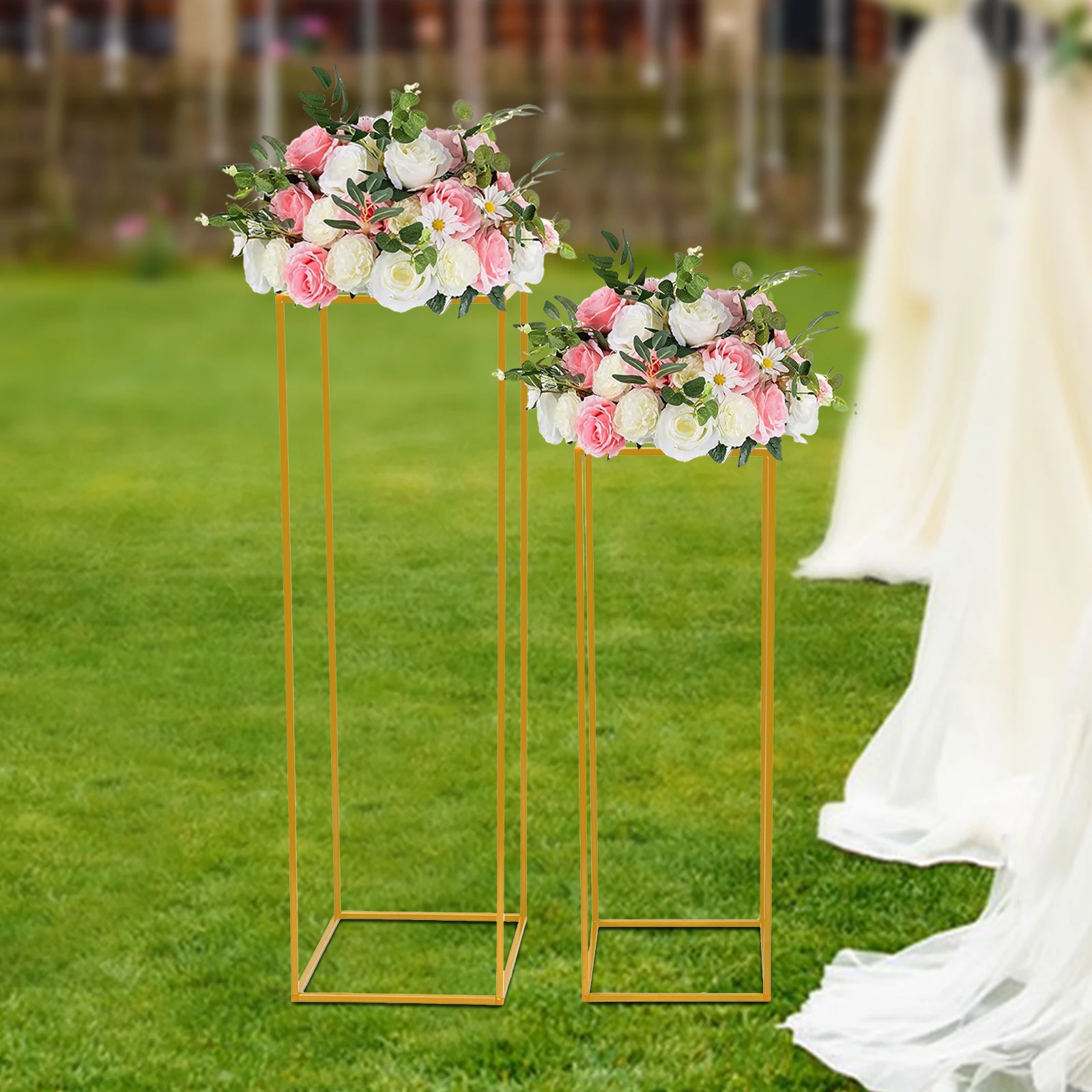 2 Pcs Metal Flower Floor Vase Column Flower Stand 80cm/31.5in +100cm/39.37in Tall Gold Flower Holder for Wedding Supply