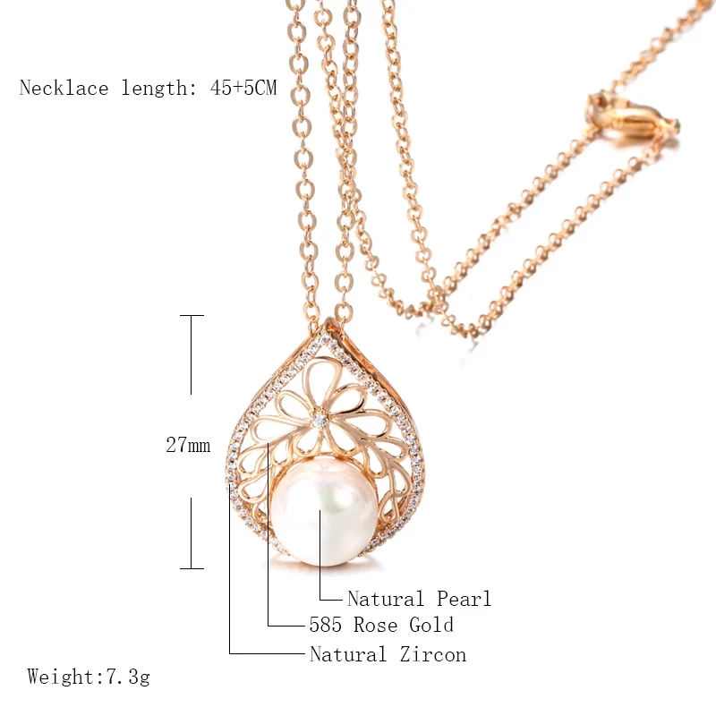 Kinel Luxury Pearl Big Pendant Necklace for Women Fashion 585 Rose Gold Color With Natural Zircon Charms Bride Wedding Jewelry