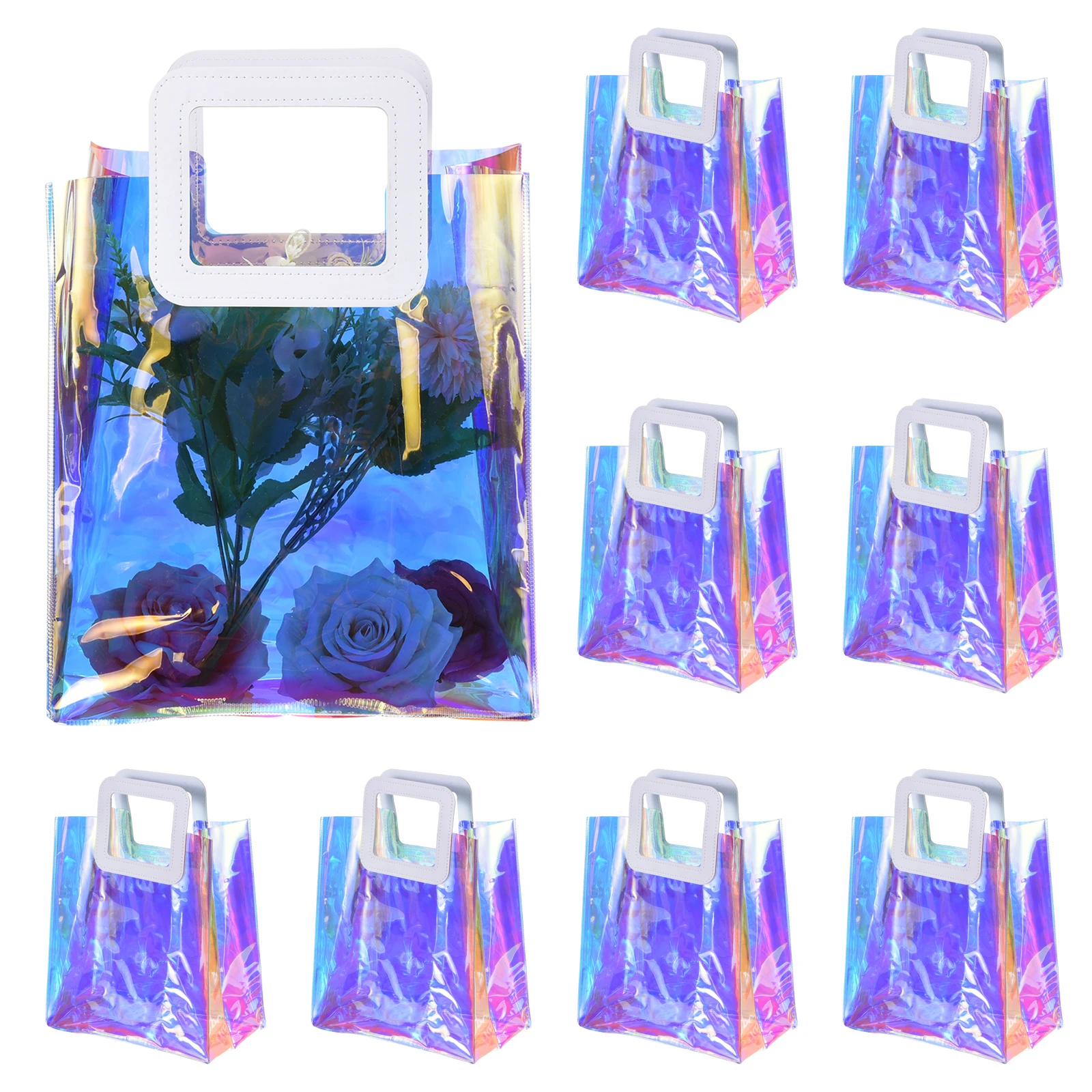 

10 件 Iridescent Gift Bags Birthday Gift Bag Waterproof Clear Pvc Gift Tote Bag with Handle for Birthday Party (11X10X6 Inch)