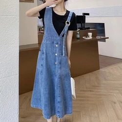 Casual Loose Overalls Dresses Summer Women Denim Dress Sundress Female Solid Adjustable Strap Jeans Dresses Straps Jean Vestidos