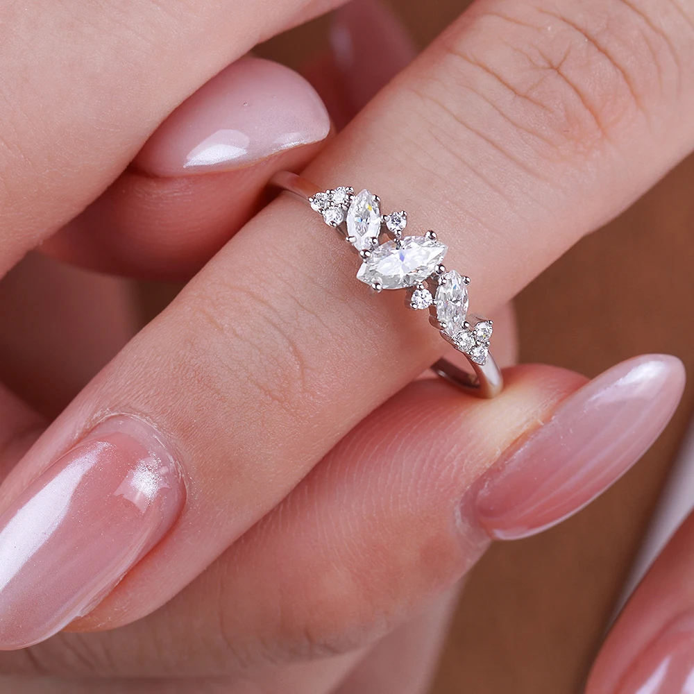 0.3Carat Marquise Cut Moissanite Engagement Ring with Certificate S925 Silver Irregular Dimoand Half Eternity Band for Women