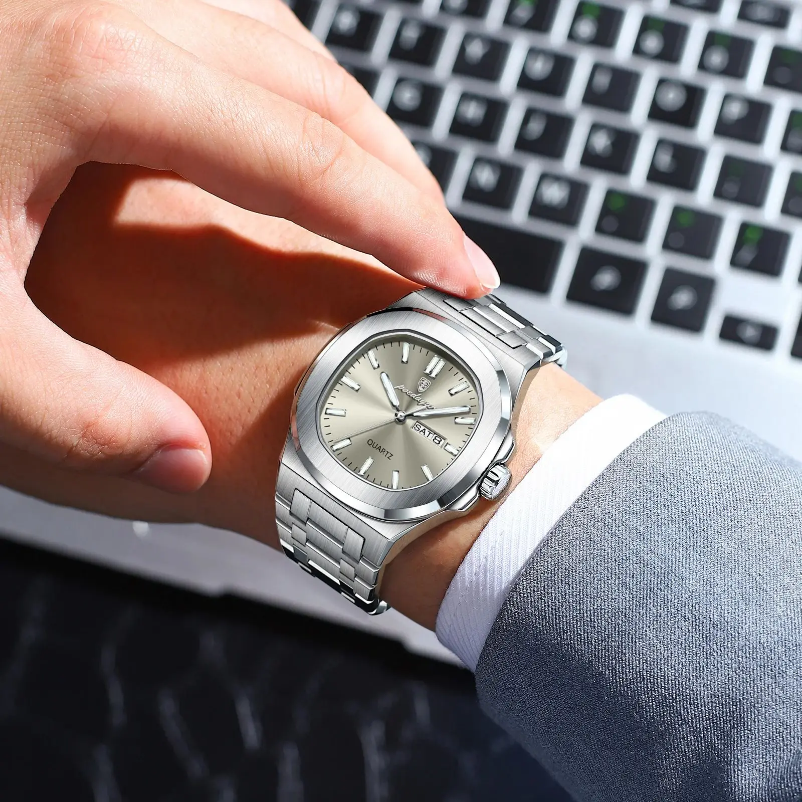 POEDAGAR ساعة رجالية عسكرية فاخرة مربعة مقاومة للماء مضيئة تاريخ الأسبوع ساعة رجالية من الفولاذ المقاوم للصدأ كوارتز ساعات رجالية Reloj + صندوق