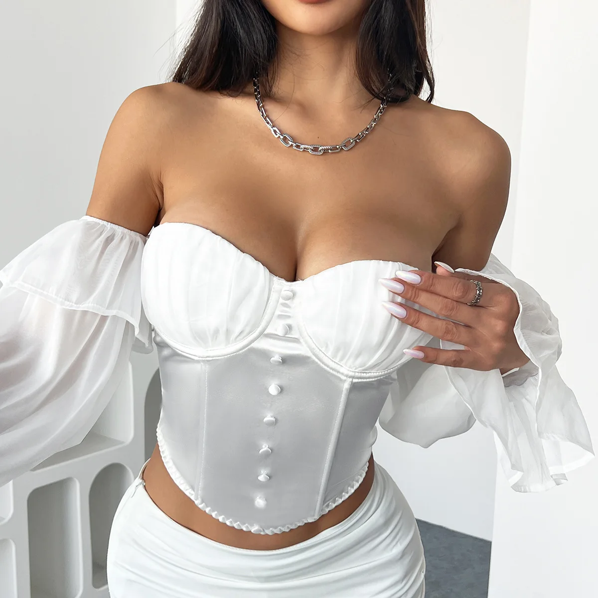 

Off The Shoulder Flare Sleeve Top French Fashion Satin Corset Crop Tops Women's Clothes Sales Slim Bodyshaper Shapewear Camisole