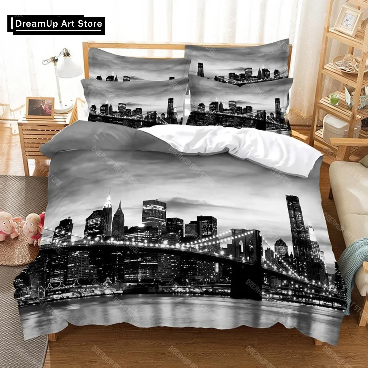 2026 3D Digital Printing Fashion Design Night View Bridge Bedding Set, Queen Size Duvet Cover Set