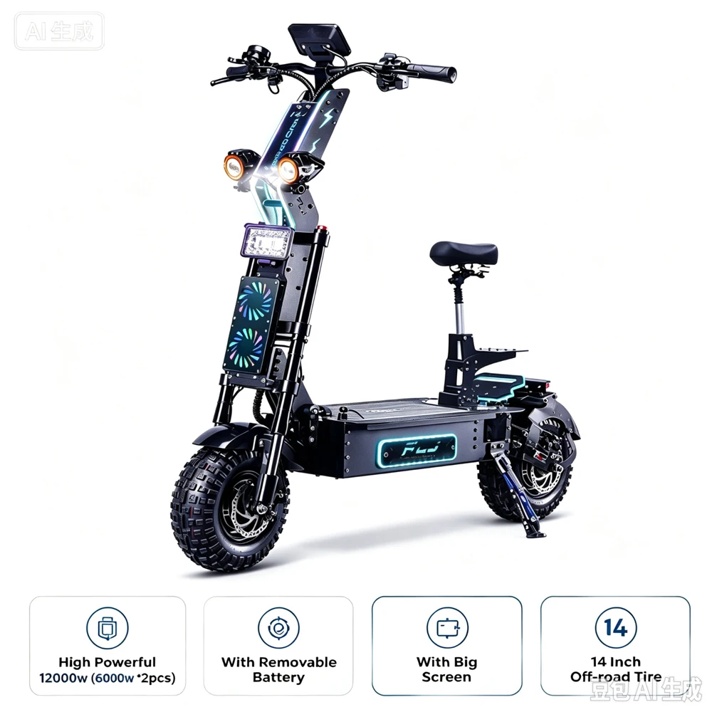 FLJ X14 72V 12000W Electric Scooter with Acrylic LED LOGO 14inch Off Road Fat Tire Removable Battery E Scooter